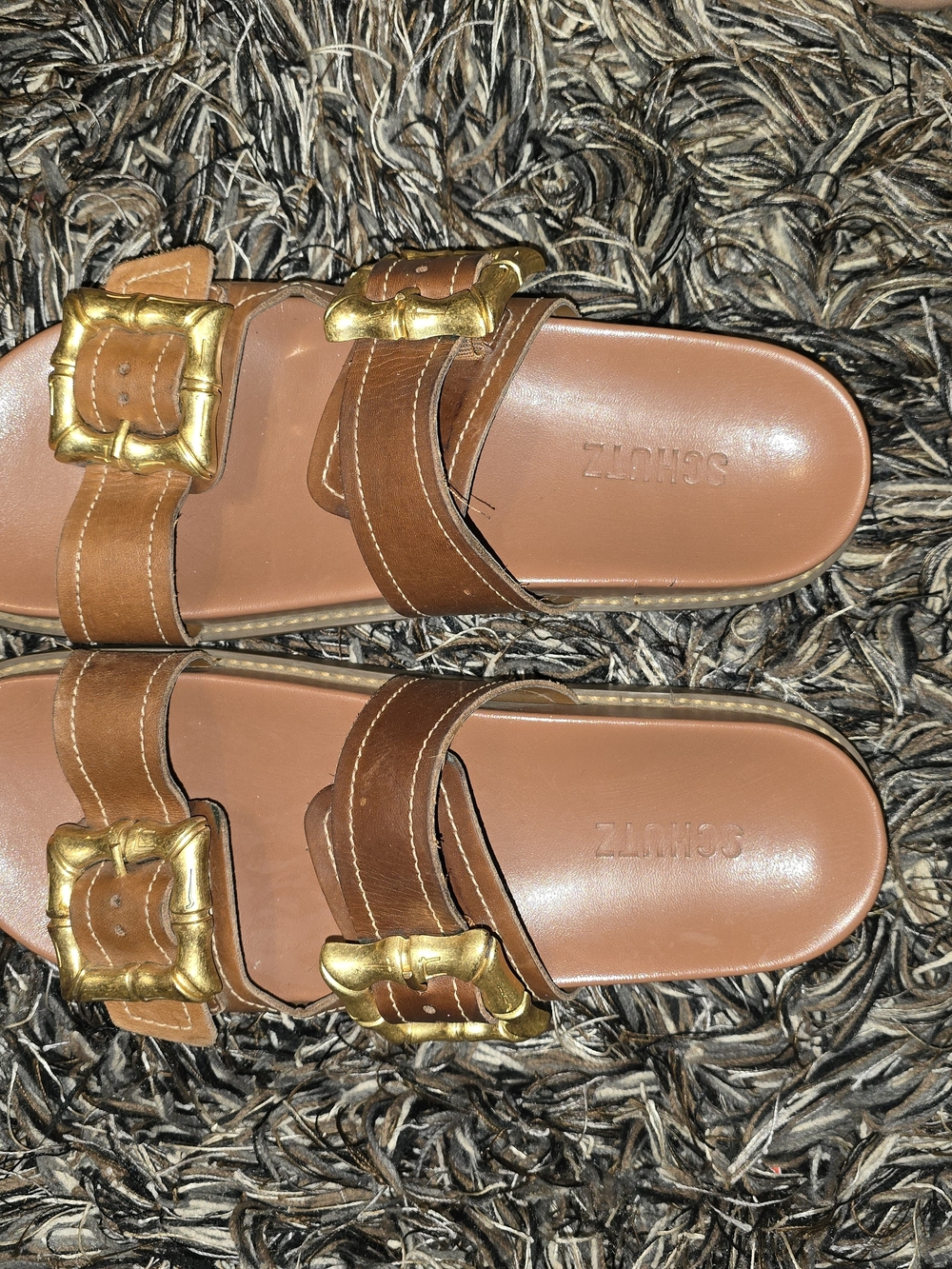 SCHUTZ Brown Leather Double-Buckle Slide Sandals with Gold Buckles
